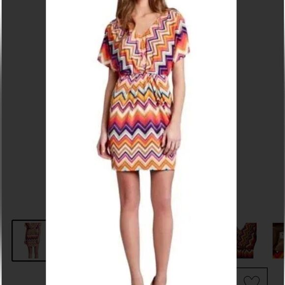 Trina Turk Chevron Redondo Zig Zag Stripe Short Sleeve Colorful Vneck Mini Dress - Picture 1 of 15